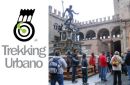 logo Trekking Urbano e trekker al via in Piazza Nettuno accanto alla fontana